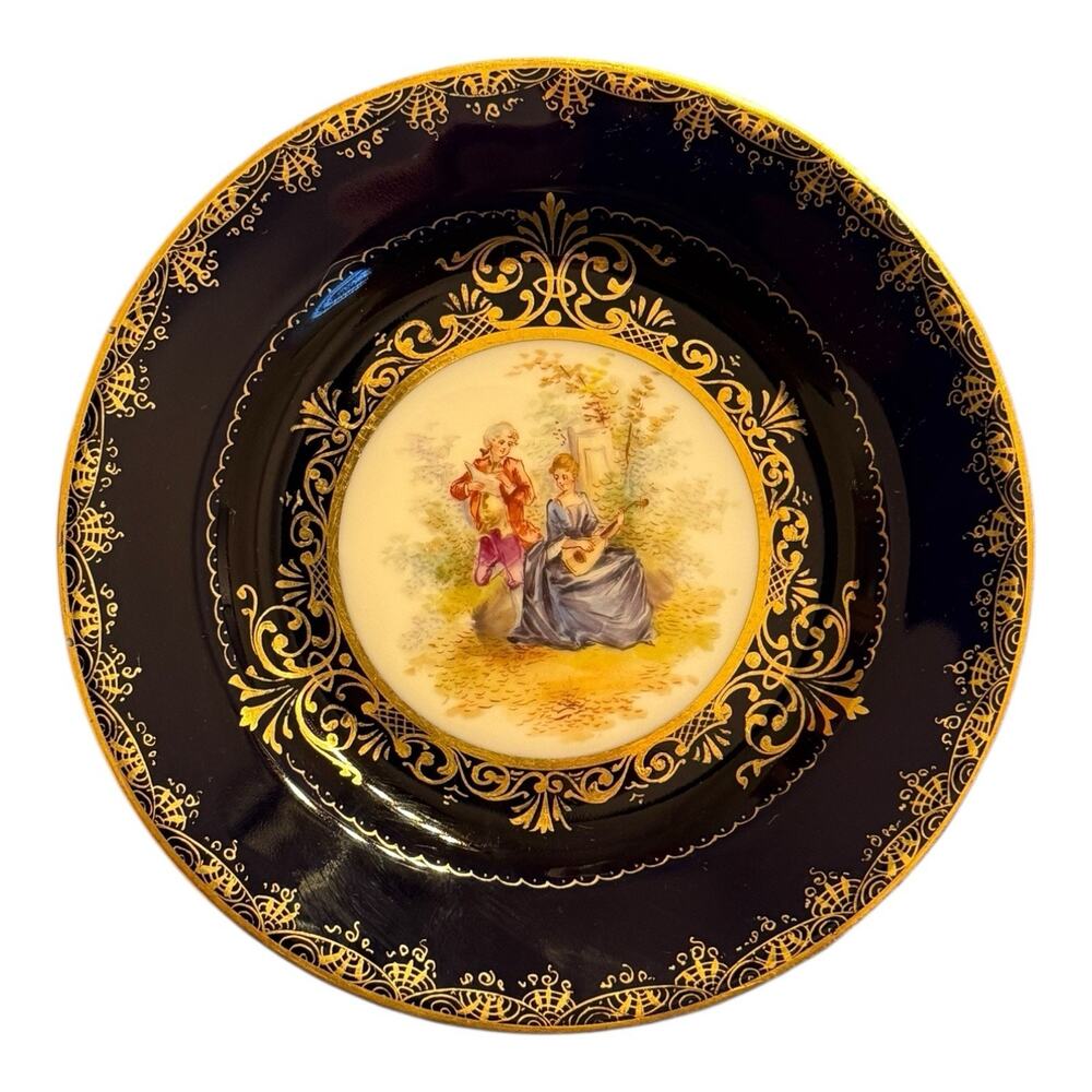 RARE Richard Klemm Dresden Hand Painted Watteau Scene Cobalt Gold 6” Plate